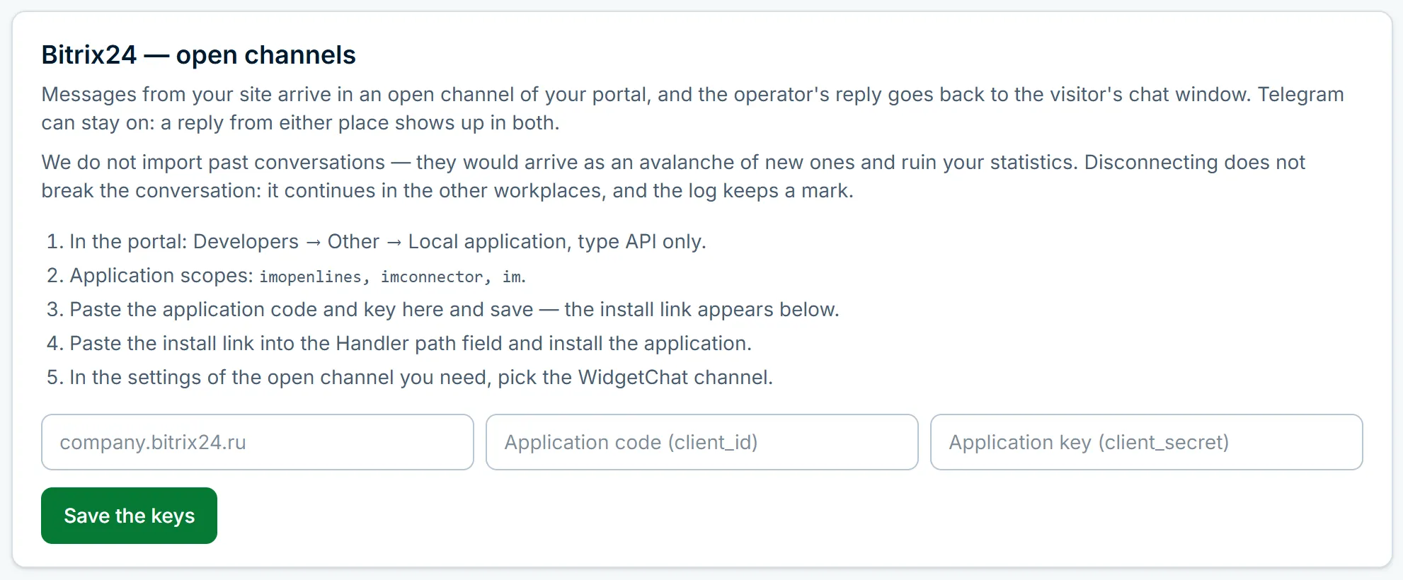 Connecting Bitrix24 in the WidgetChat dashboard integrations