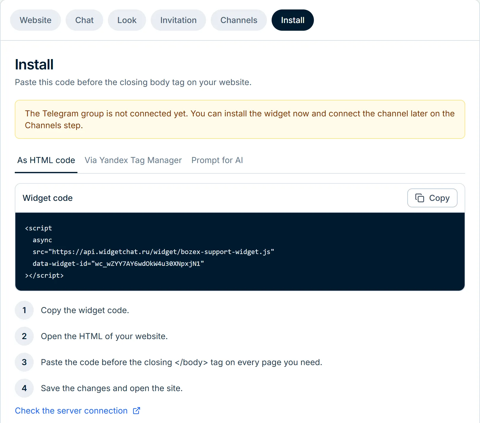 The install code step in the WidgetChat dashboard