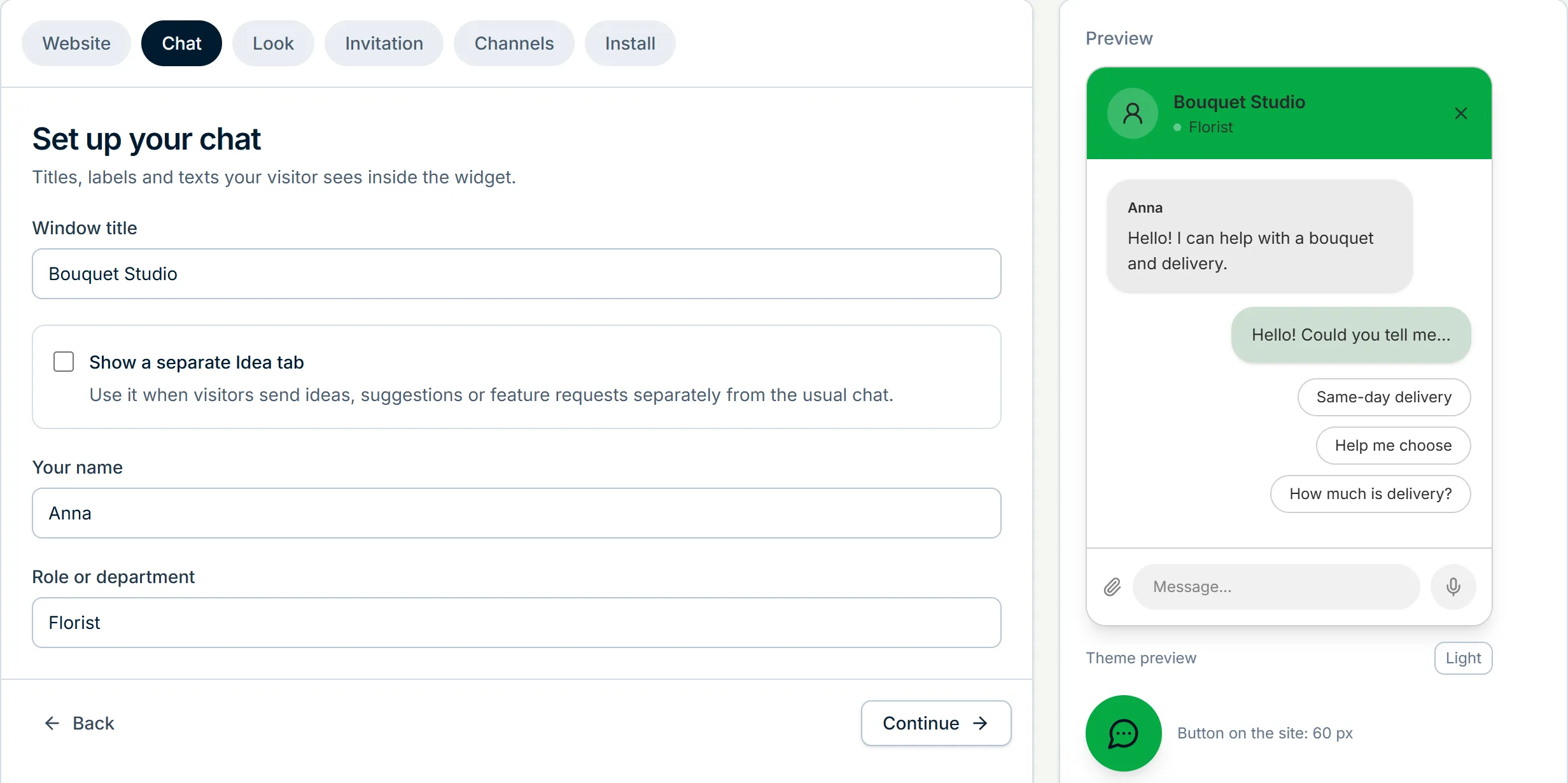 Chat window settings with a live preview