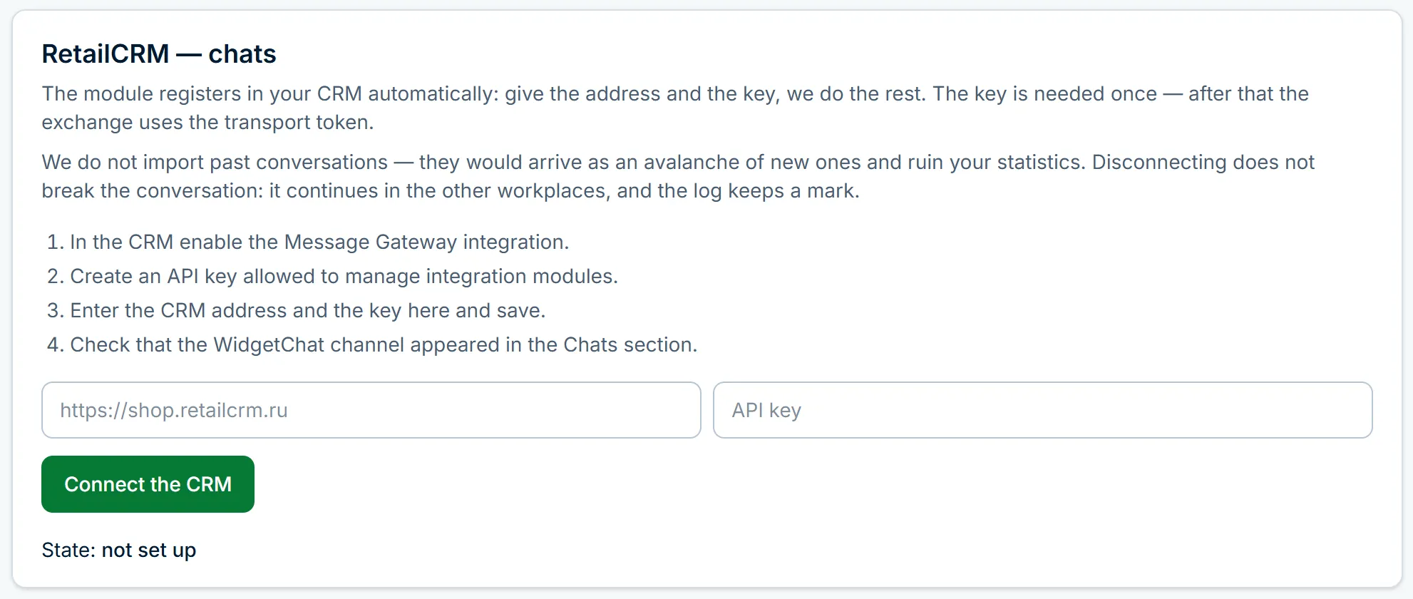 Connecting RetailCRM in the WidgetChat dashboard integrations