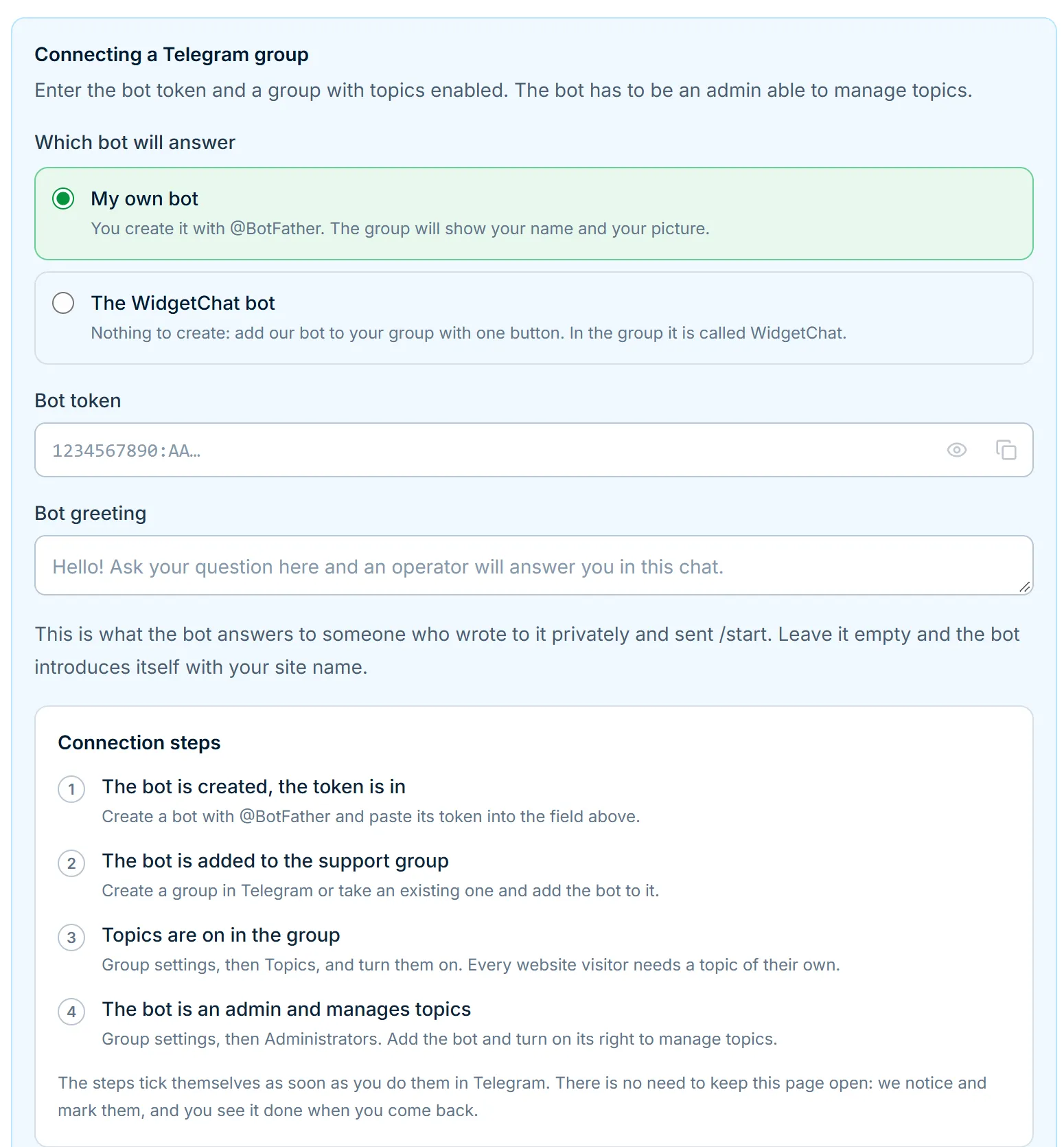 The Telegram step in the WidgetChat dashboard